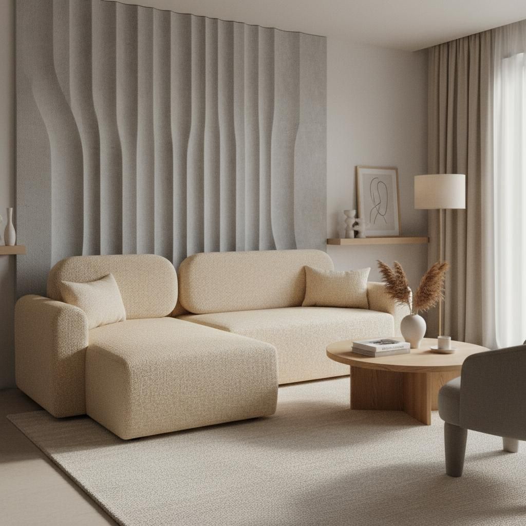 Wohnero24 Ecksofa LIAMO Bouclé Creme 238 x 142 cm – modernes Ecksofa mit Schlaffunktion 195 x 135 cm & Bettkasten, universelle Ottomane