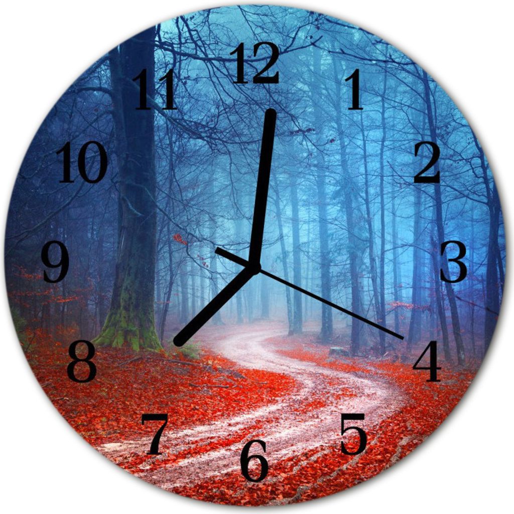 Glasuhr Wanduhr Küchenuhr Echt-Glas 30fi cm Pfad Wald rot