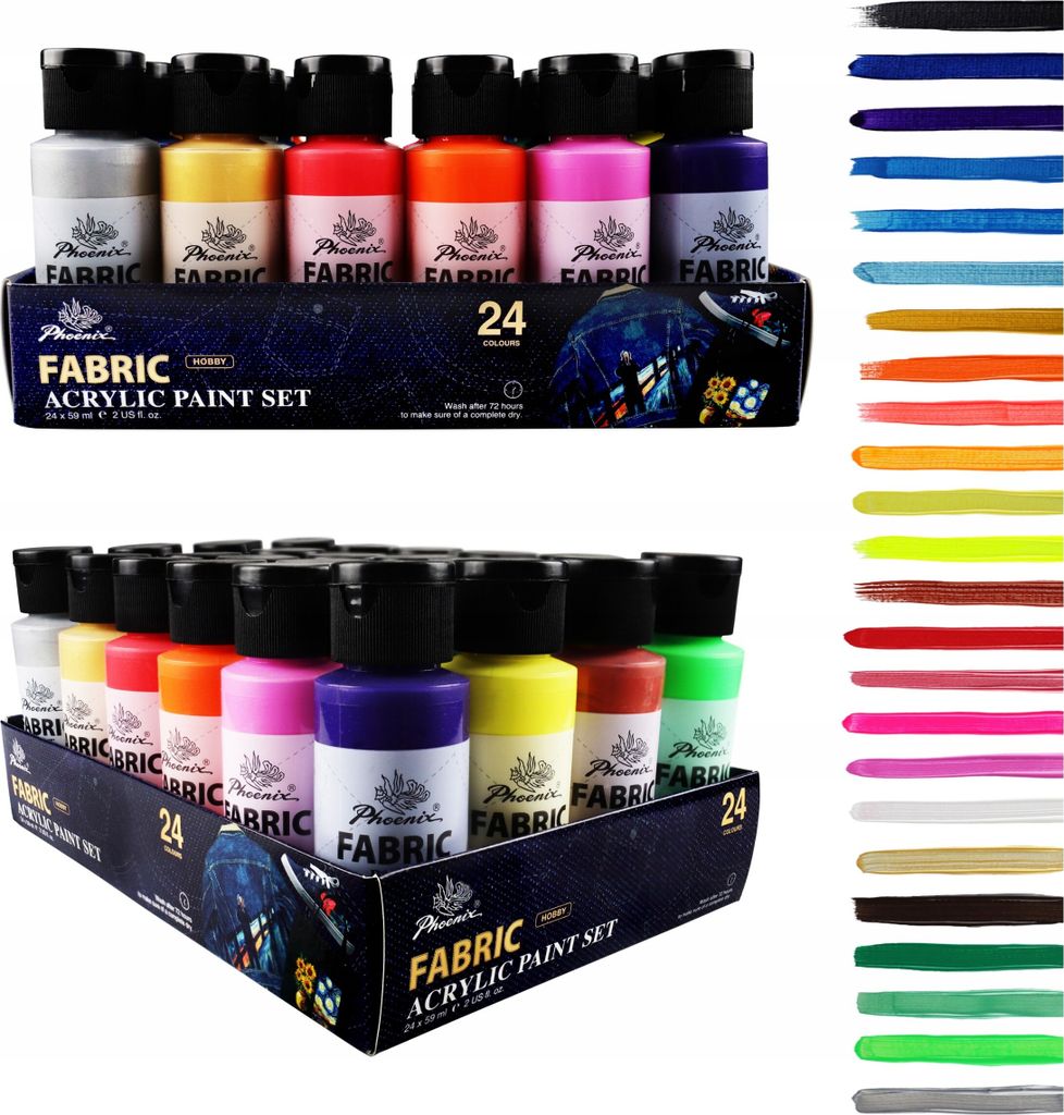 A collage showing two boxes of fabric paint sets and a swatch of colors.