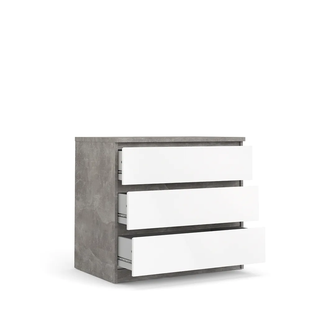 Commode basse Nada 3 tiroirs effet béton et blanc brillant pour salon - 5