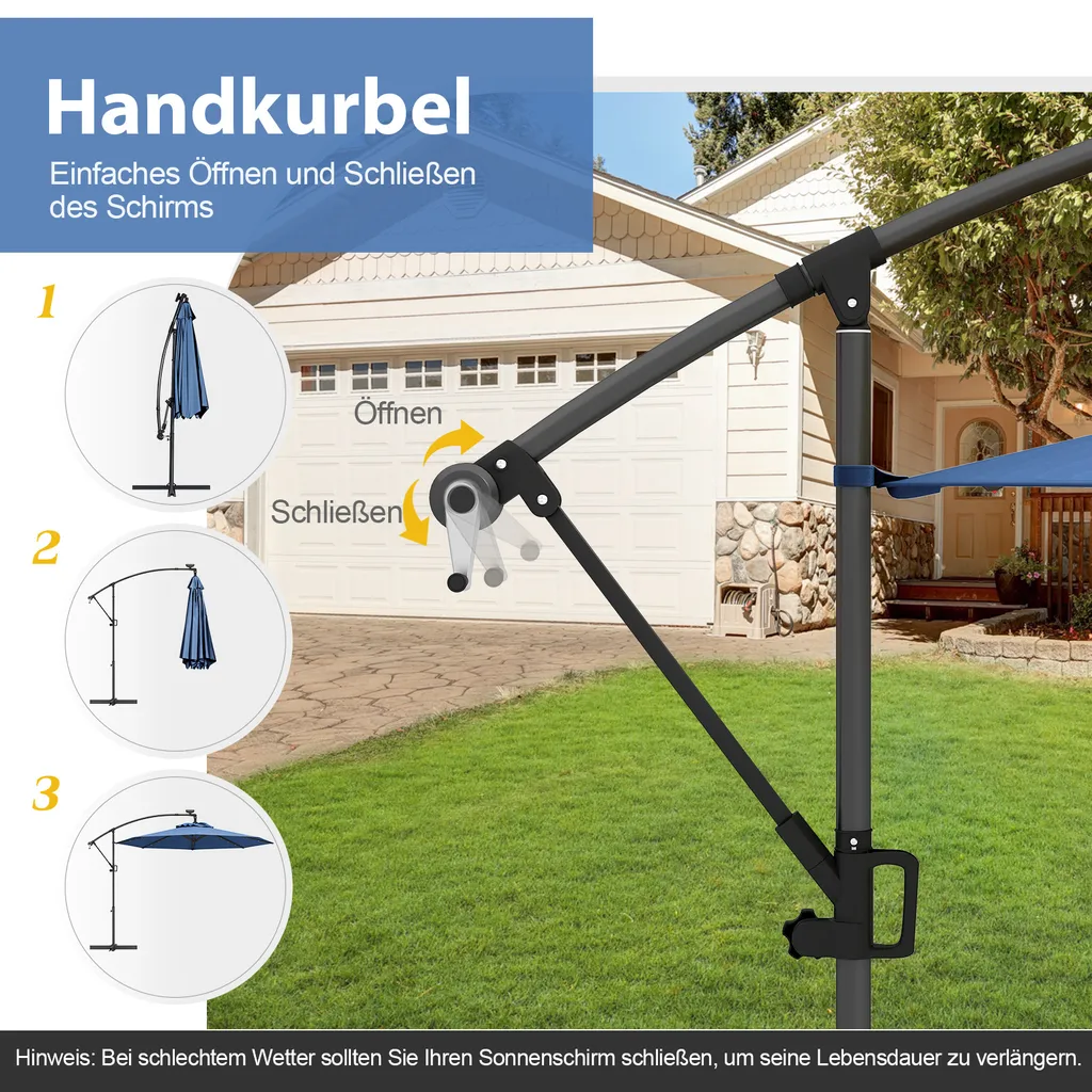 COSTWAY Ombrellone Da Giardino Con Luci LED Solari, Diametro 3 Metri, Inclinabile, 8 Stecche, Base A Croce, Blu, Protezione UV