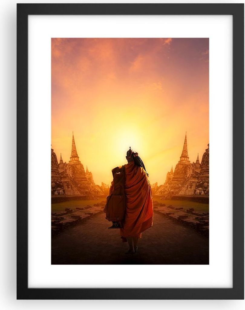 Gerahmtes Poster - Schwarzer Rahmen - Tempel Mönch - 30x40 cm - Wand Bild - Wanddeko - Wandbilder - Kunstposter - Wandposter - Bilderrahmen - Bild...