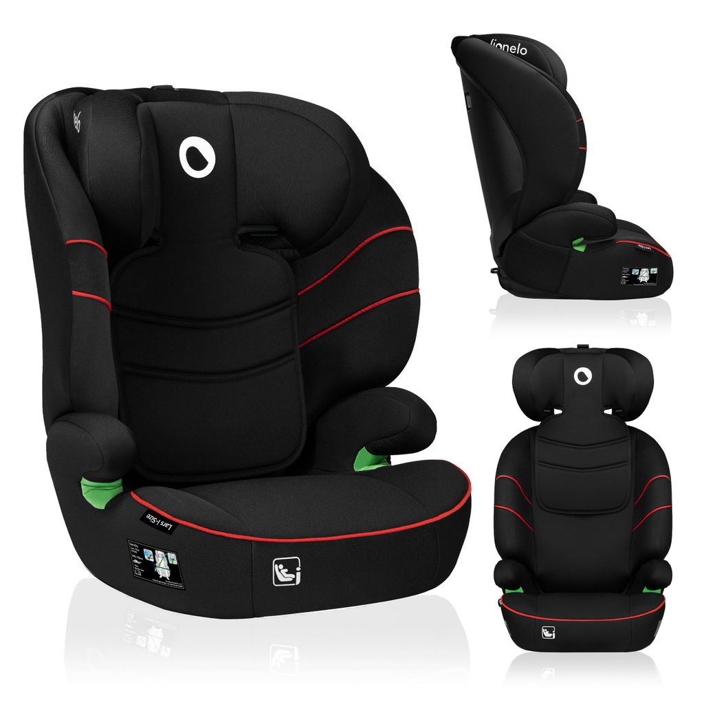 A collage of a black car seat with red trim, shown from different angles.
