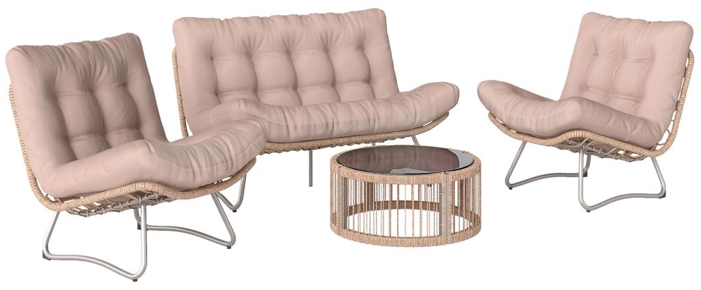Gartenmöbel Set 4-teilig Polyrattan Lounge-Set mit Zweisitzer 2 Sessel Glastisch Breitem & Tiefem Sitz Dicke Kissen