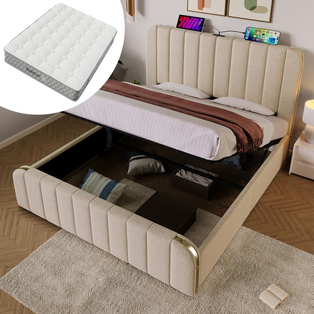 okwish Polsterbett 160x200 Doppelbett Jugendbett mit Matratze,Bettgestell mit goldenen Zierstreifen und integrierten USB- und Typ-C-Ladeanschluss,L...