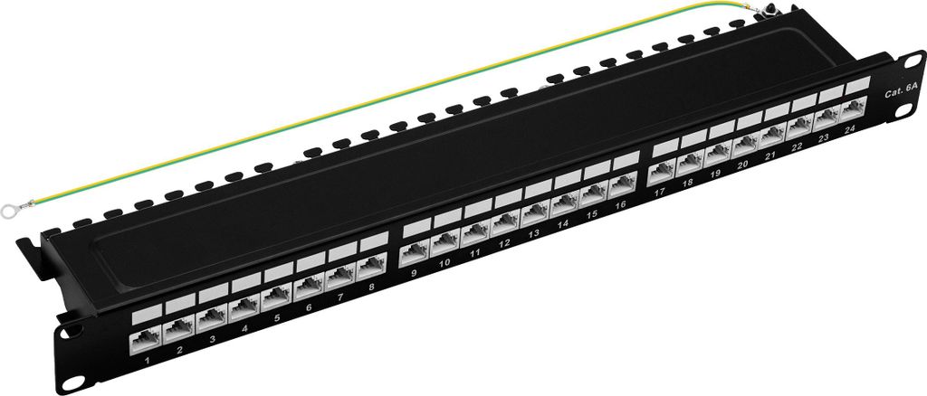 ProfiPatch Cat6a Patchpanel 19 Zoll Verteilerfeld 24 Port Patchfeld RJ45 geschirmt Rackeinbau 1HE schwarz