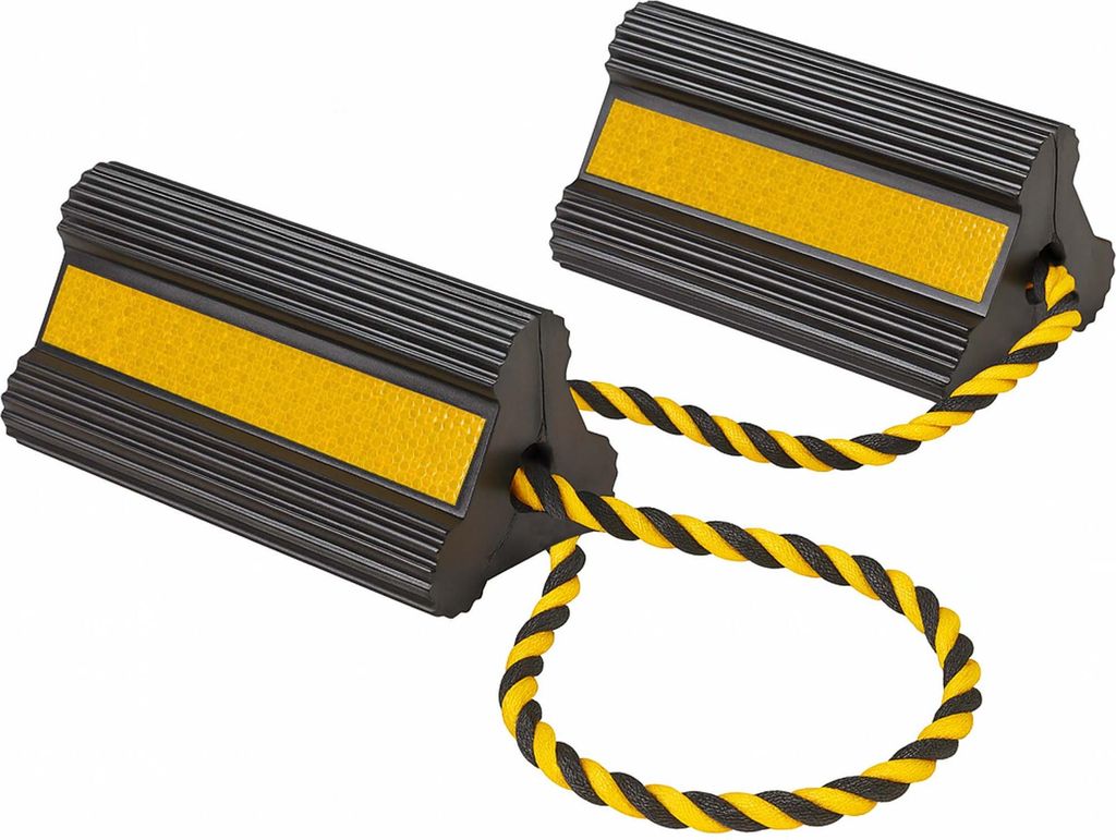 Wiltec Unterlegkeile für Anhänger mit Nylon Seil 207 x 115 x 105 mm, schwarz gelbe Bremskeile aus Gummi, Radkeile in Dreiecksform mit Reflexionss...