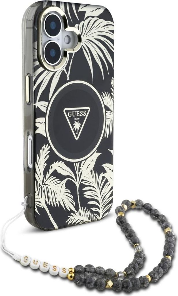 GUESS case passend für IPHONE 16 kompatibel mit MagSafe GUHMP16SHPCTPLSK (IML Palm Trees Triangle W/ Pearl Strap) black