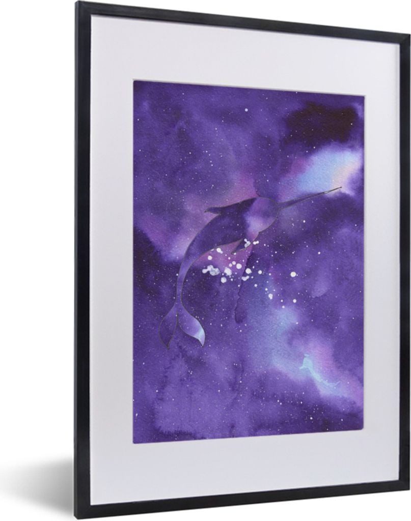 MuchoWow MuchoWow Gerahmtes Poster Narwal - Weltraum - Farben 30x40 cm - Poster mit zchwarzem Bilderrahmen - Wandposter Schlafzimmer