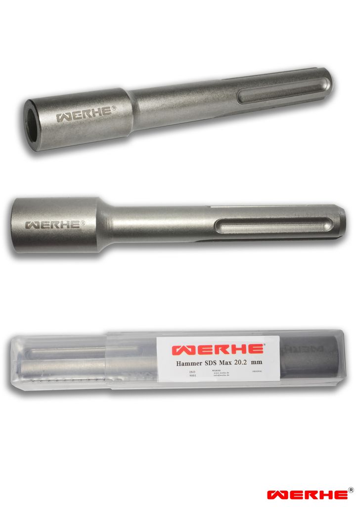 Three views of a metal SDS Max drill bit extension, with the bottom view showing the product in its packaging.