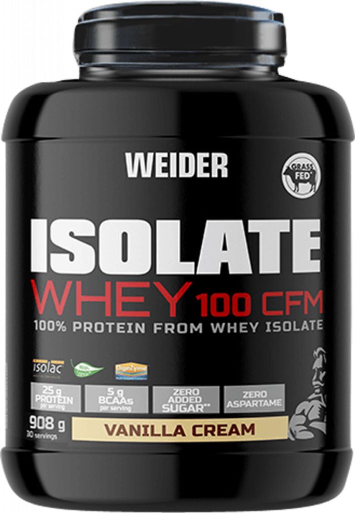 A black tub of protein powder with product details and branding visible.