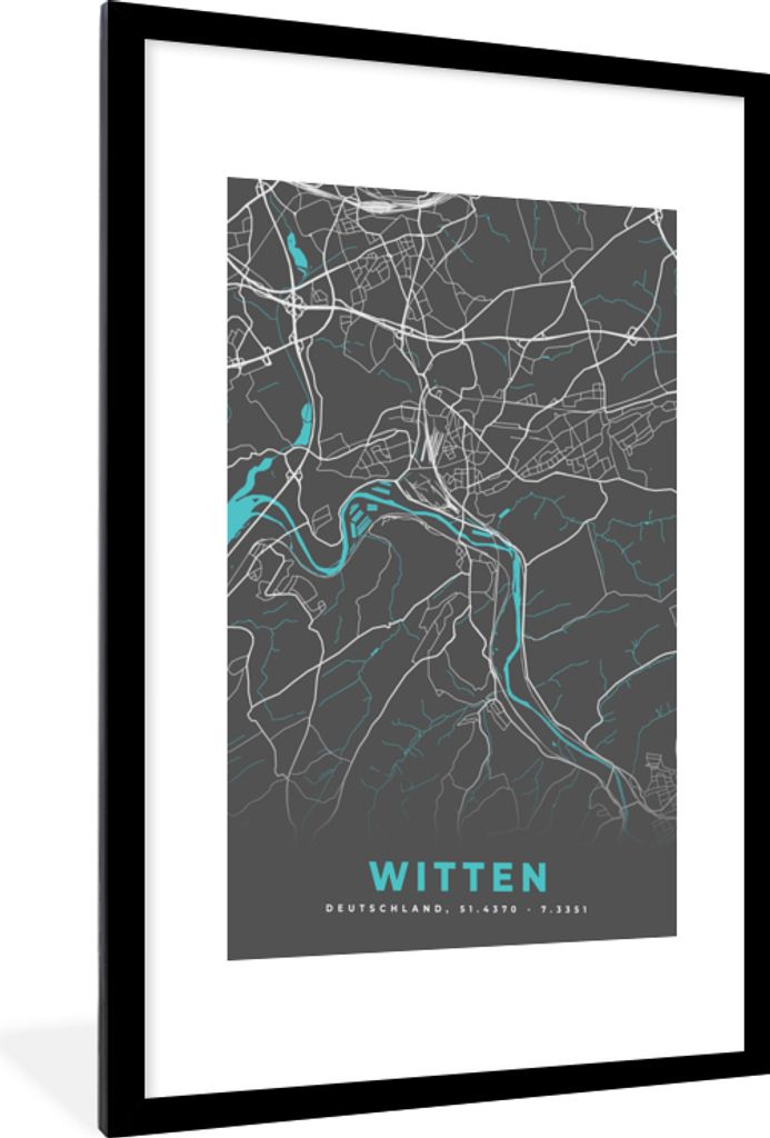 MuchoWow Gerahmtes Poster Stadtplan - Deutschland - Blau - Witten - Karte 60x90 cm - Poster mit Schwarzem Bilderrahmen Wandposter Rahmen Foto Bil...