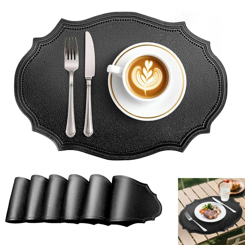6er Tischsets, Platzsets Set, Wasserdicht Hitzebeständig rutschfest Platzsets für Drinnen Draußen, 43x31CM,Schwarz Oval