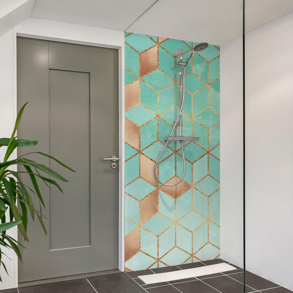 Duschrückwand Muster selbstklebend - 0.61 mm Wandpaneel wasserfest Geometrisch türkis Aquarell Abstrakt Badrückwand fugenlos Premium matt 100x21...