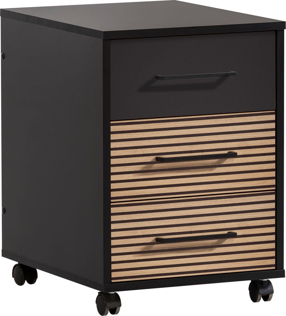 Möbelpartner Rollcontainer Raven | HxBxT 57x40x50cm (Höhe mit Rollen) | 3 Schubladen | Akustikplattenoptik Schwarz