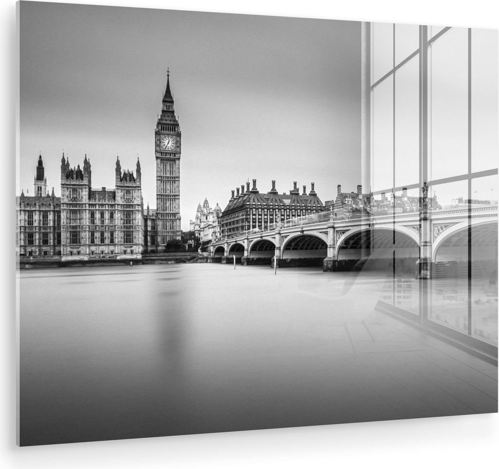 MuchoWow Glasbilder - Bilder auf Wandbild - Foto auf Glas London - Big Ben - Wasser - Skyline - Schwarz und weiß 40x30 cm Wanddekoration aus Glas ...