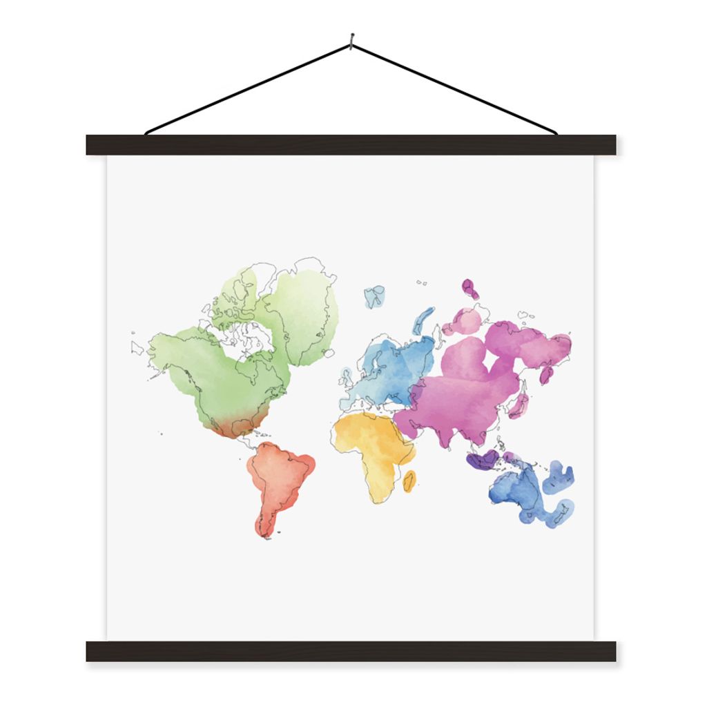 MuchoWow Textilposter Moderne Weltkarte in Aquarell 120x120 cm mit schwarzem Rahmen - Aufhängungsset