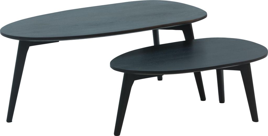 WOHNLING Couchtisch 2er Set Mango Massivholz Wohnzimmertisch Schwarz Satztisch Holztisch Nierenform Kaffeetisch Retro Tischset 2-teilig Beistelltisch