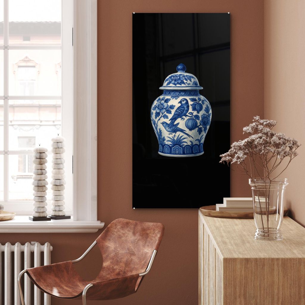 MuchoWow Glasbilder - Bilder auf Wandbild - Foto auf Glas Topf - Delfter Blau - Blumen 60x120 cm Wanddekoration aus Glas - Acrylglasbild - Acrylbil...