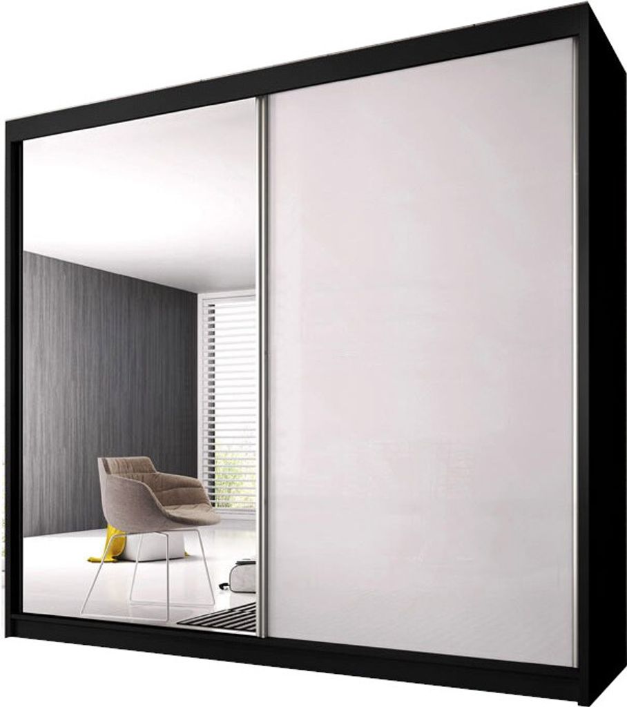 Schiebürenschrank K006 233x61x218 cm (Schwarz) Kleiderschrank, Garderobe, Garderobenschrank mit Einlegeböden und Kleiderstange Eleganter Schiebet...