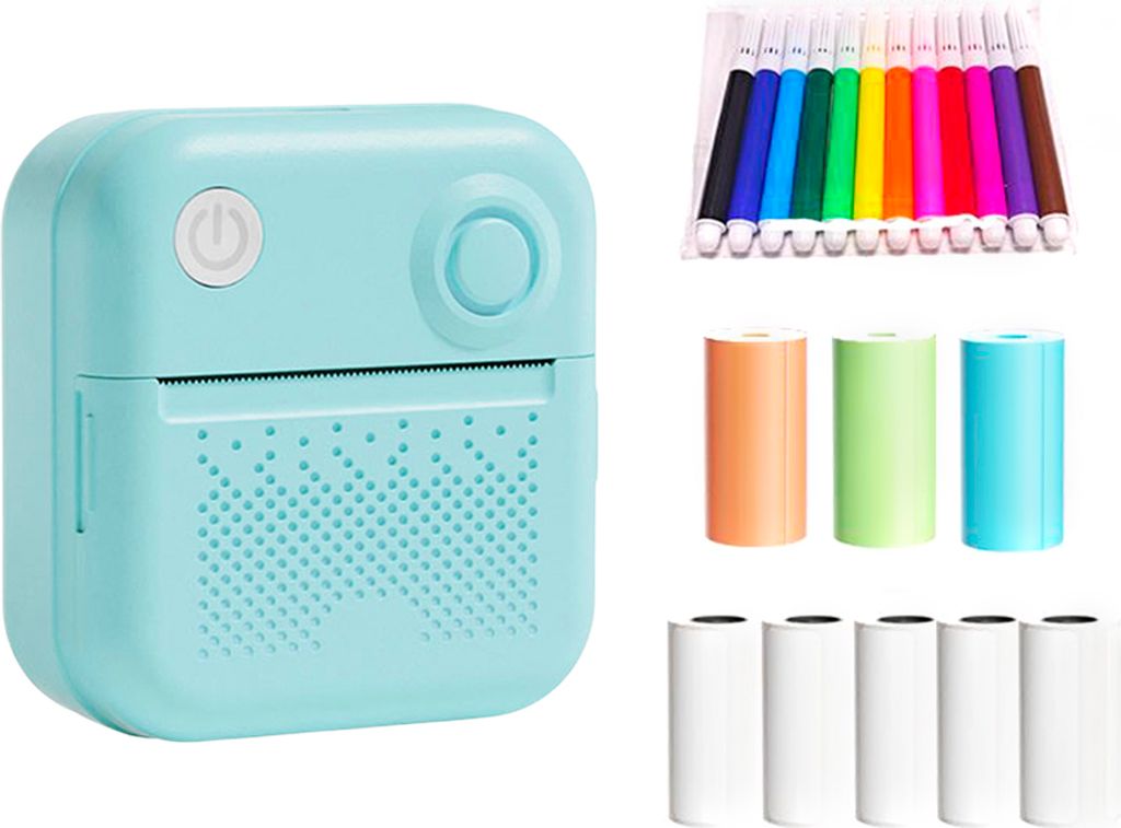 Mini-Thermodrucker Bluetooth sofortigen Fotodruck, mit 4 Thermopapierrollen (57 x 26 mm) + 5 Thermoetikettenrollen + 12 Markern, Blau