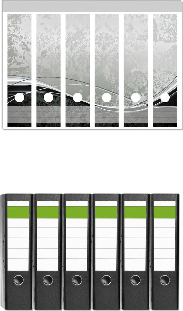 Wallario 6 Stück breite Ordner inkl. Klebeetiketten mit Motive Grau-schwarze Schnörkelei mit Wellen - Set mit Rückenschildern / Ordnerrücken S...