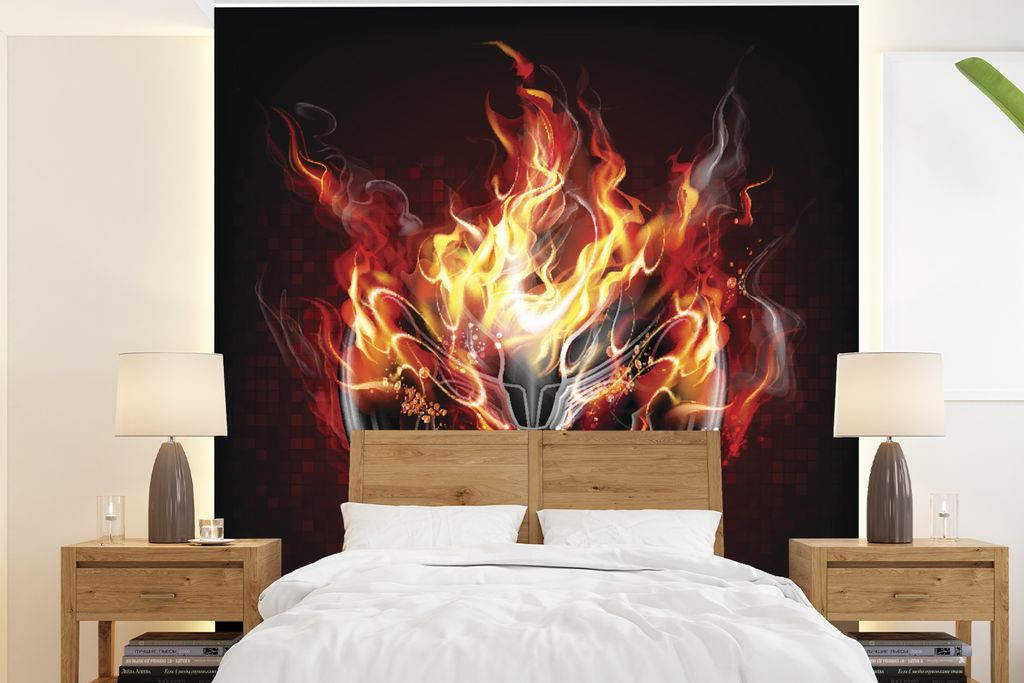 MuchoWow Fototapete für Wohnzimmer oder Schlafzimmer Wandtapete Vinyl Motivtapete Eine Illustration eines flammenden Schädels mit Kopfhörern -...