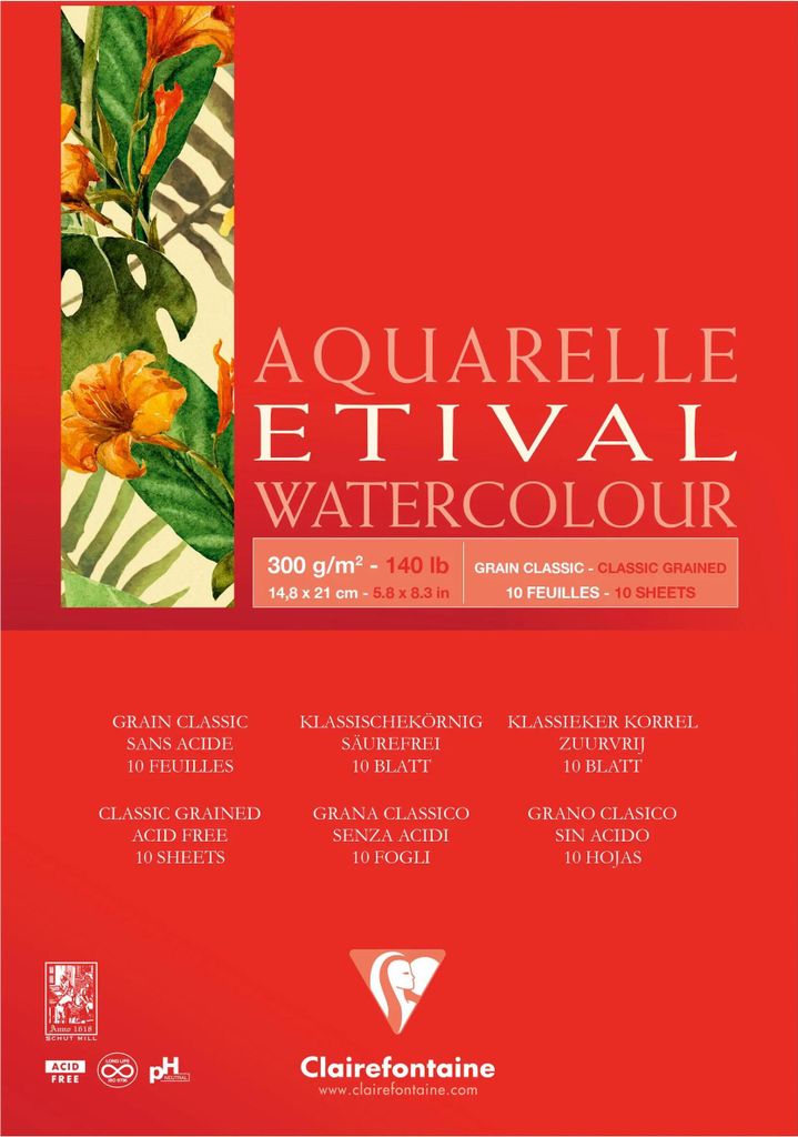 Clairefontaine 5x Etival Aquarellpapier, Block A5 geleimt, 10 Blatt 300g 96389C