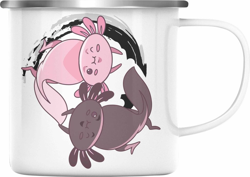 Trendation - Axolotl Emaille Tasse Grafik Lustig Geschenkidee Schwanzlurch Tiere Geschenk Ying Yang Zeichen (Silber)