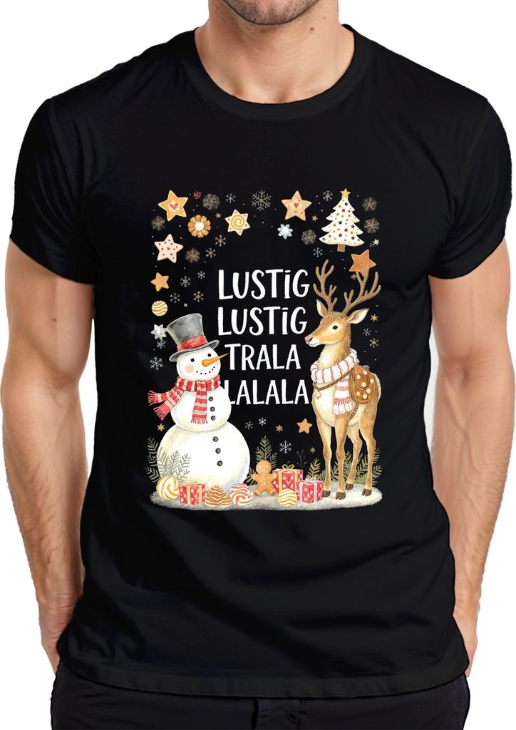 Lustig Lustig Trala Lalala Weihnachten Schneemann Rentier Retro Herren T-Shirt, Schwarz, XL