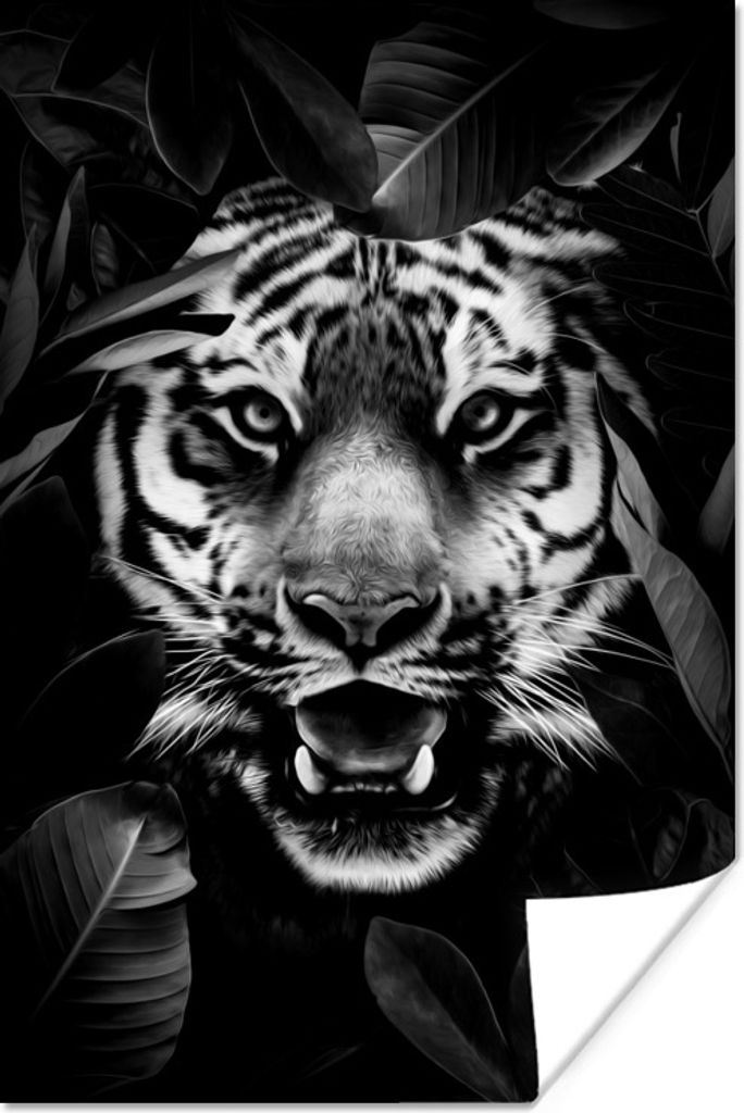 MuchoWow Poster Tiger mit offenem Maul zwischen Blättern - schwarz und weiß 120x180 cm - Kunstposter