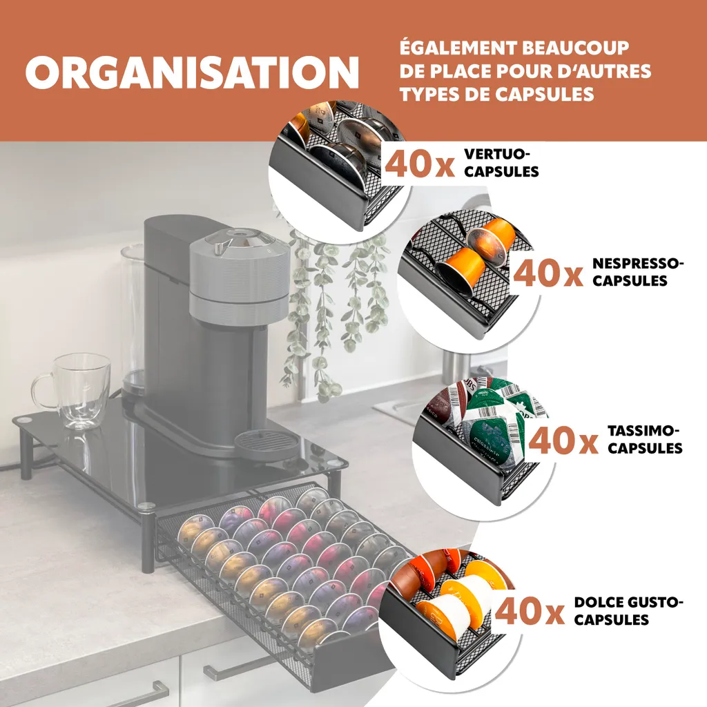 Rangement capsules Nespresso Vertuo - Support de Machine pour Plan Travail