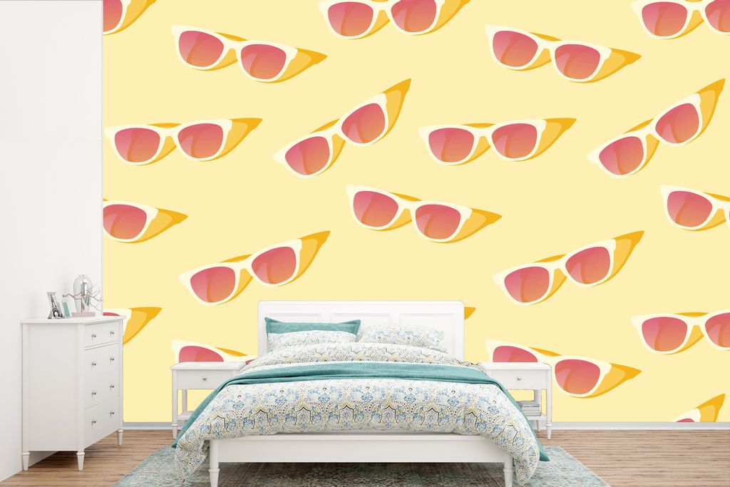 MuchoWow Fototapete für Wohnzimmer oder Schlafzimmer Wandtapete Vinyl Motivtapete Sonnenbrille - Sommer - Pastell - 330x220 cm - Fototapeten