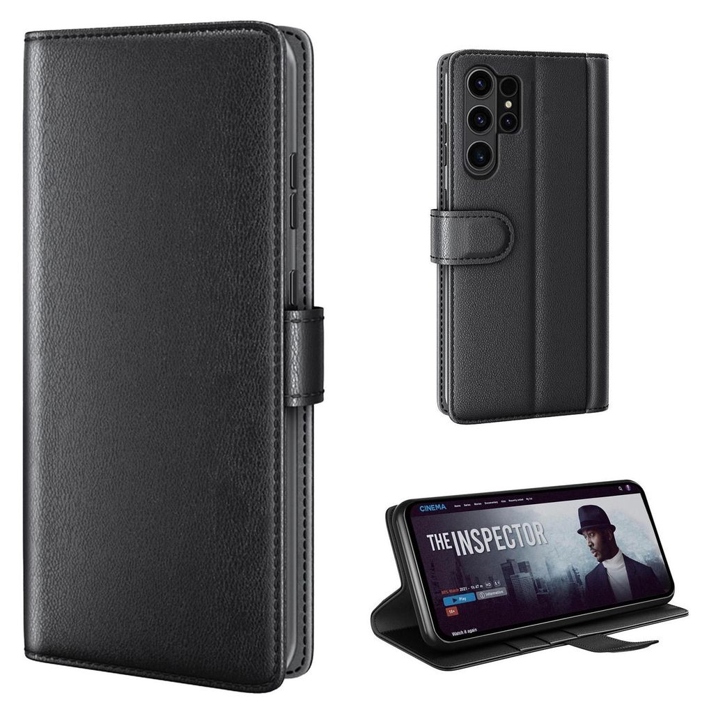 A collage of images showing a black leather flip phone case for a Samsung Galaxy S24 Ultra, including a close-up of the case's texture and a view of the phone inside the case.