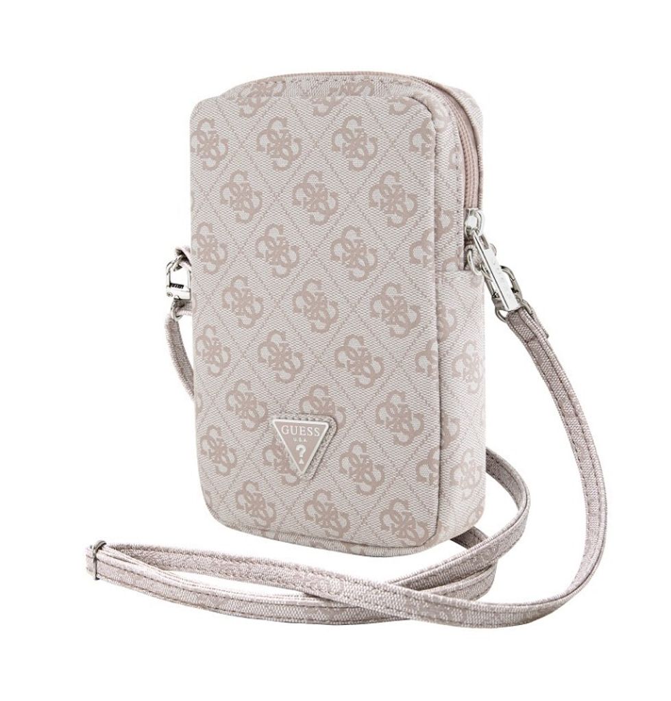 A product shot of a small crossbody bag with a repeating logo pattern.
