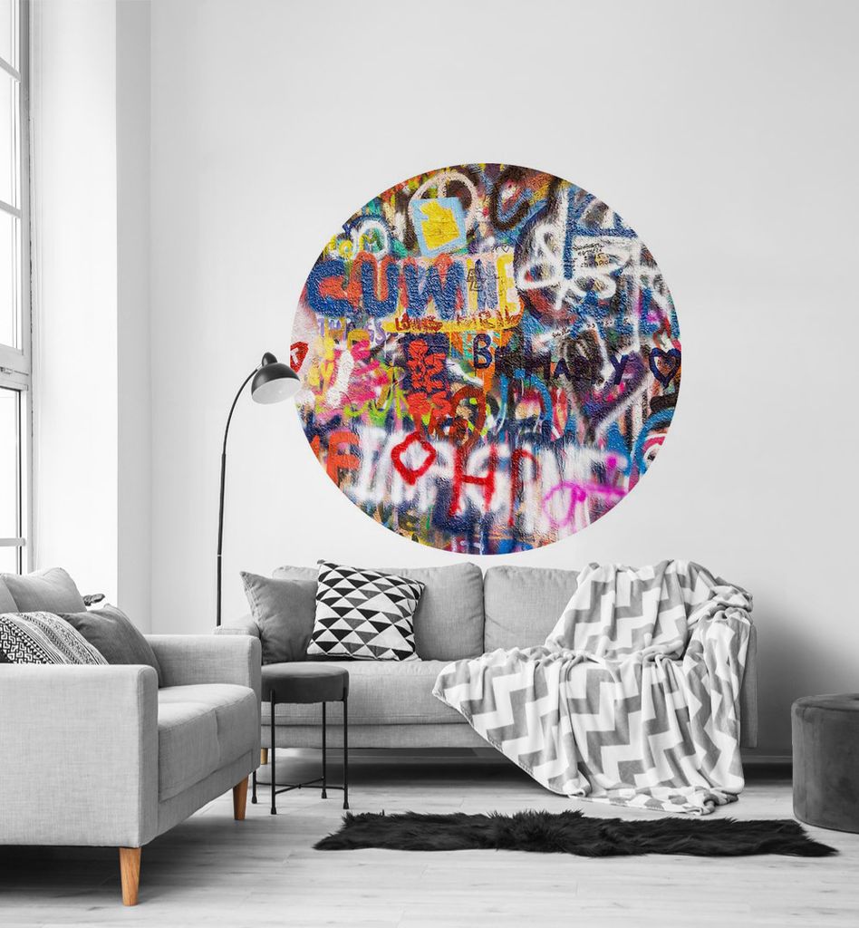 Fototapete bunte kreative Graffiti Wand rund, Material:Superior Vlies 350g/qm, Größe Tapete:130cm rund