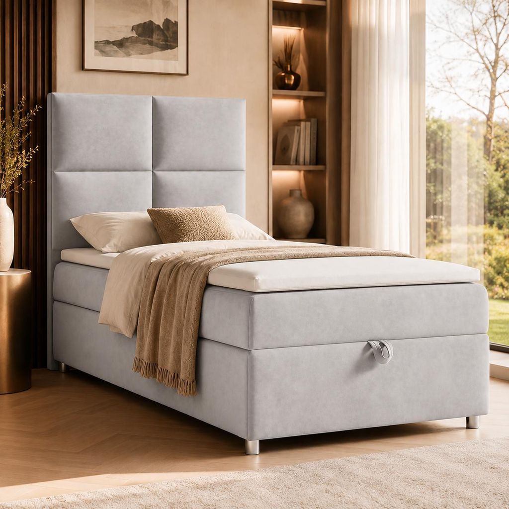 Best for Home Boxspringbett mit Bettkasten Trinity K2-SINGLE 90x200 Bonellfederkern inkl. Topper – Silber