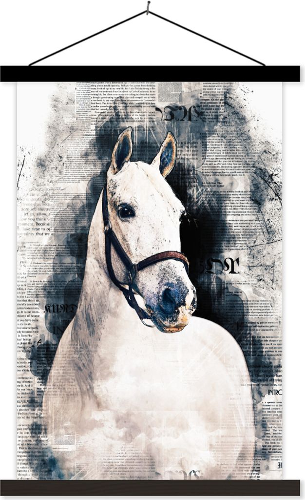 MuchoWow Textilposter Pferd - Weiß - Zeitung - Mädchen - Kinder - Mädchen 60x90 cm mit schwarzem Rahmen - Poster Wohnzimmer