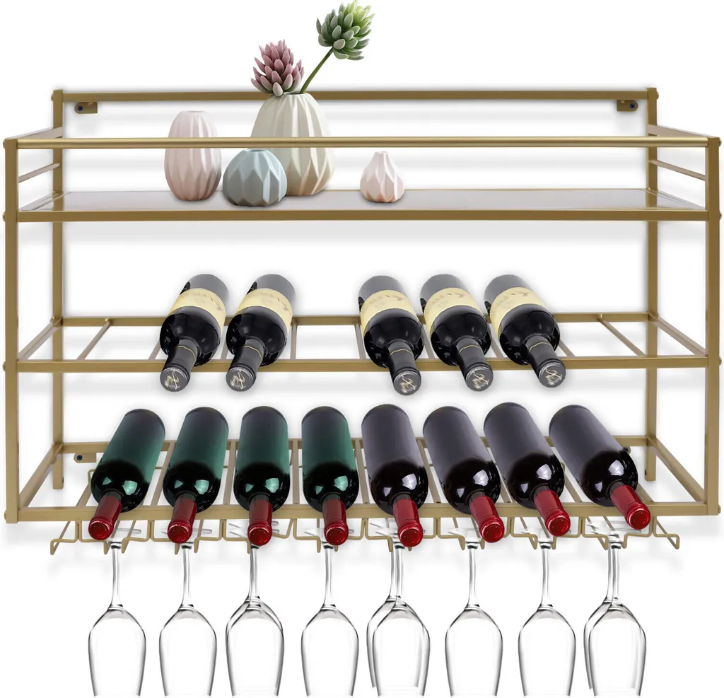 Casier à vin design pour bar et cuisine avec support verres mural métal doré