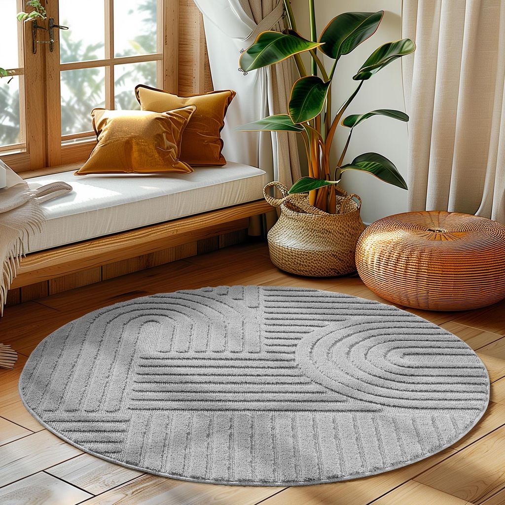 Homebyhome Hochflor Teppich Skandi Stil, Weich & Flauschig mit Boho Design in 3D-Optik Grösse 120 cm Rund