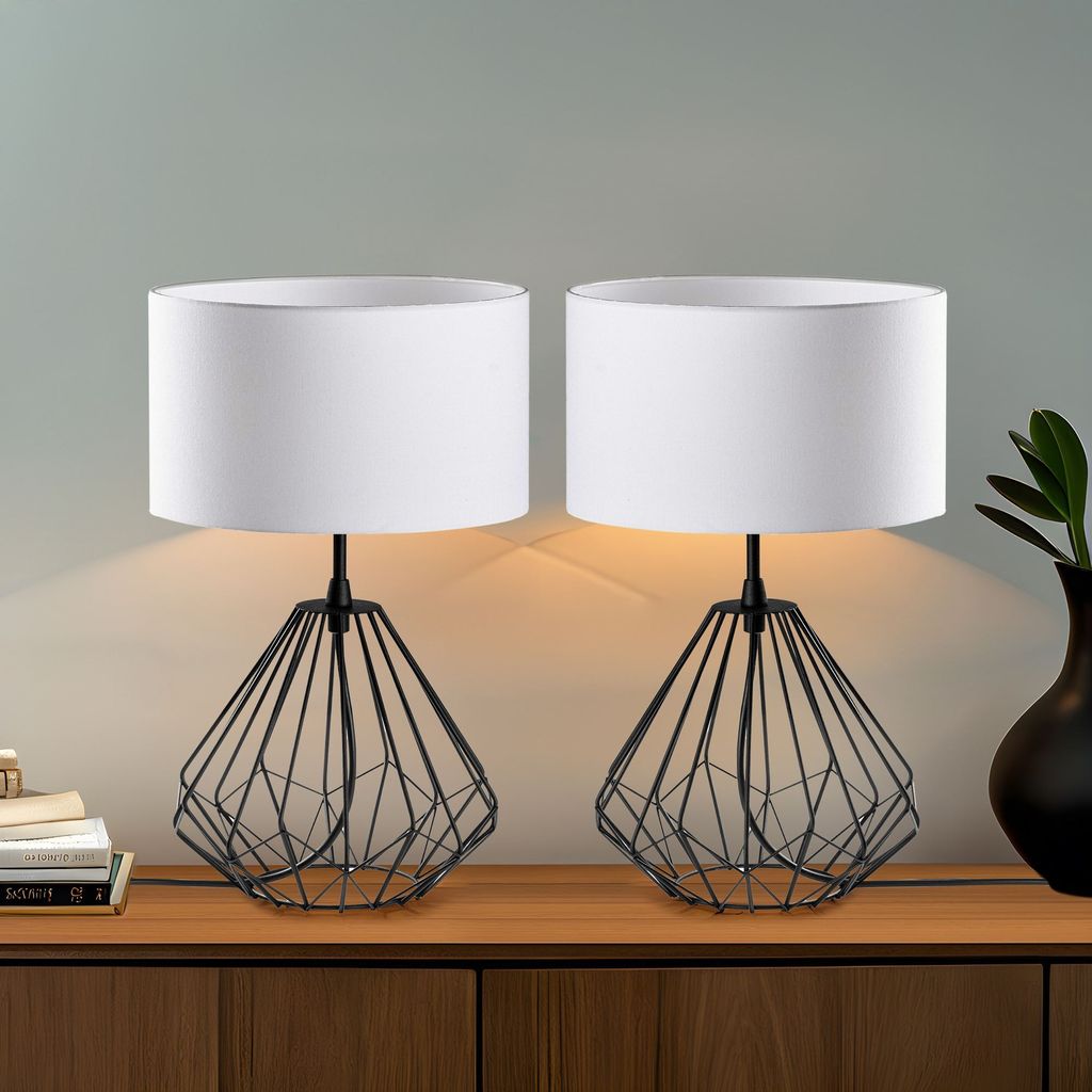 Opviq, Hochwertiges Tischlampen-Set (2 Stück), Schwarz, 25 x 25 x 43 cm | Metallkörper, Stoffschirm, 200 cm Kabel, E27 Fassung, IP20 | Perfekt f...