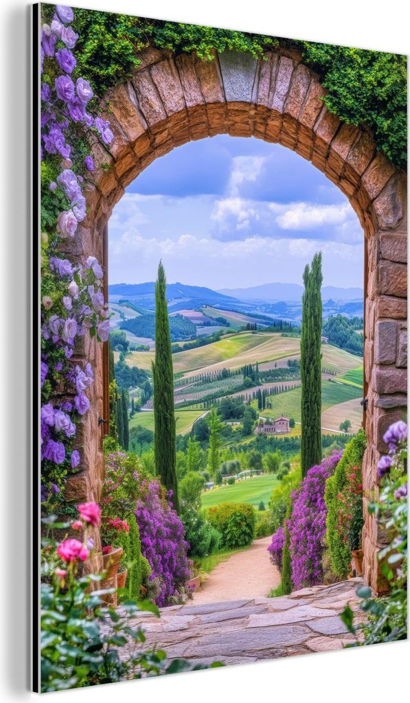 MuchoWow Wanddekoration Metall Metallbild Wandkunst 60x80 cm Aussicht - Toskana - Landschaft - Tor MuchoWow Aluminium Gemälde - Wanddekoration Metall