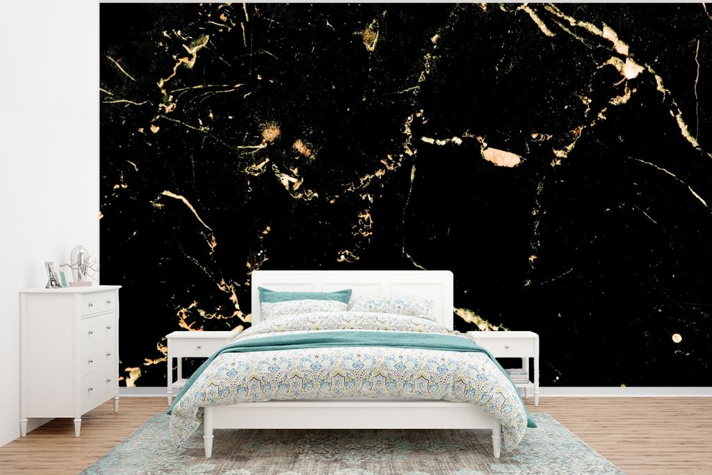 MuchoWow Fototapete für Wohnzimmer oder Schlafzimmer Wandtapete Vinyl Motivtapete Marmor - Limette - Schwarz - Gold - 295x220 cm - Wand Tapete