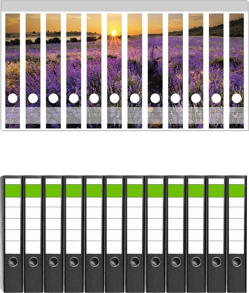 Wallario 12 Stück schmale Ordner inkl. Klebeetiketten mit Motive Sonnenuntergang über dem Lavendel - Set mit Rückenschildern / Ordnerrücken St...