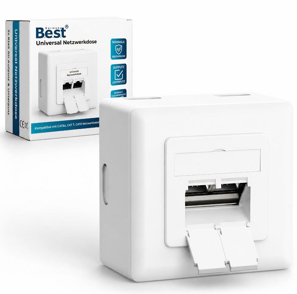B.E.S.T. Universal Netzwerkdose Aufputz/Unterputz 2x RJ45 weiß CAT6A CAT7 CAT8 – Produktbild 1