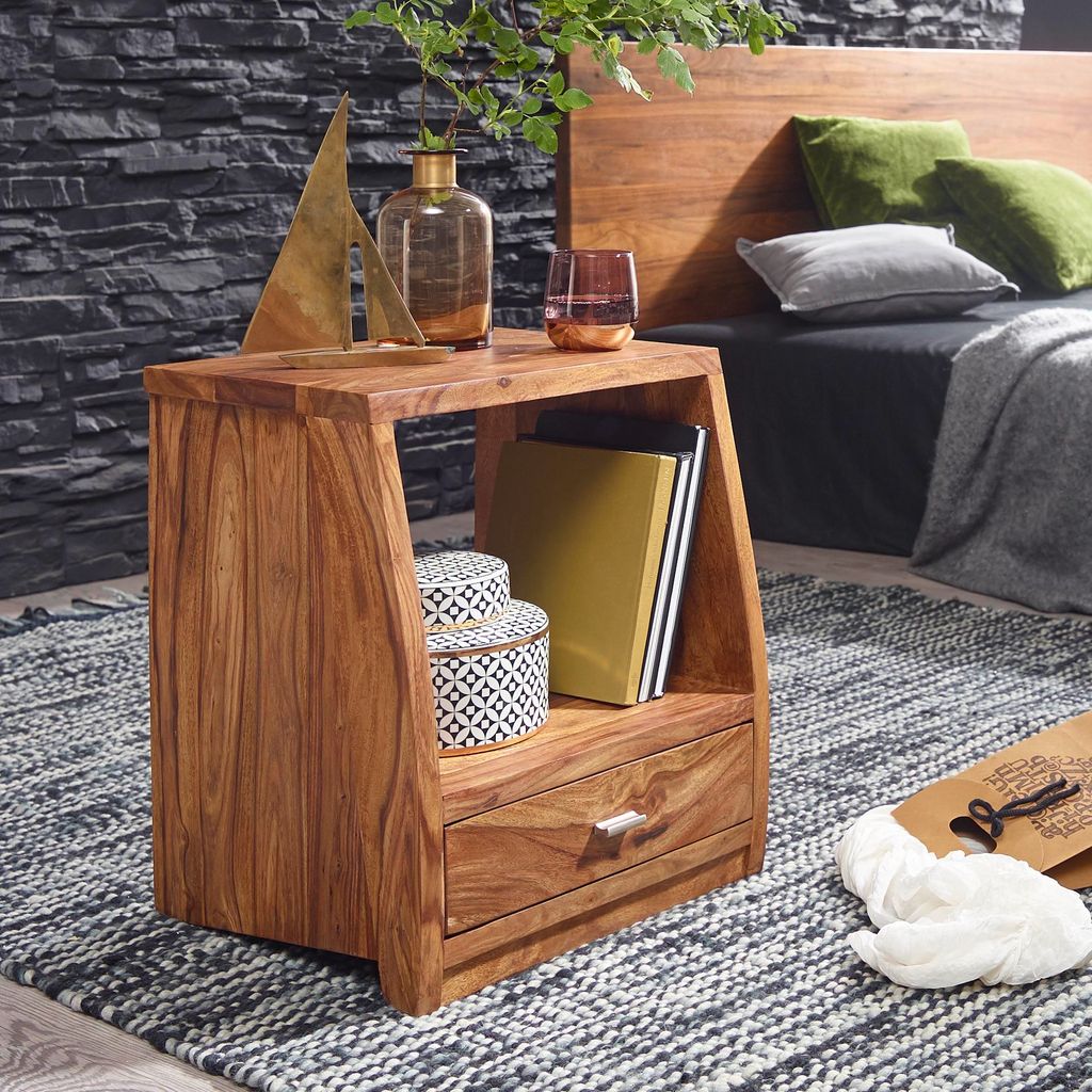 FineBuy Nachtkommode Sheesham Massivholz mit Schublade und Produktbild 