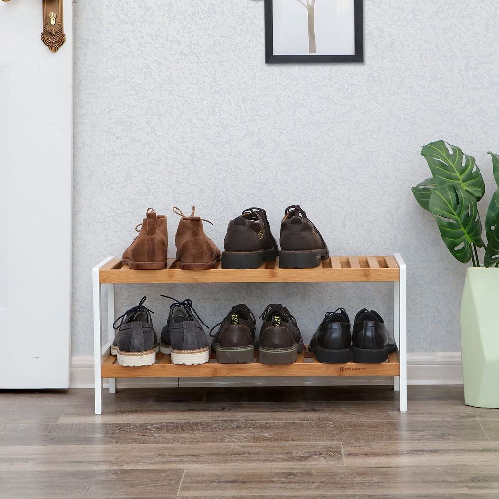 Badregal mit 2 Ebenen Schuhständer SONGMICS Schuhregal aus Bambus Weiß und Naturfarben LBS02H 70 x 33 x 26 cm B x H x T Schuhschrank
