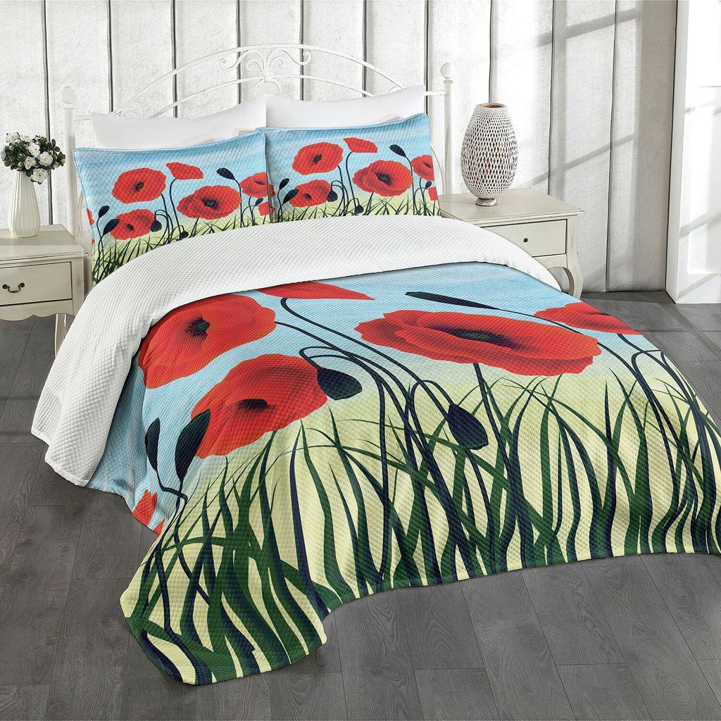 ABAKUHAUS Mohn Tagesdecke Set, Digital generiert Floral Grafik mit Gras und Fileds, 264 x 220 cm, Zinnoberrot Anthrazit grau