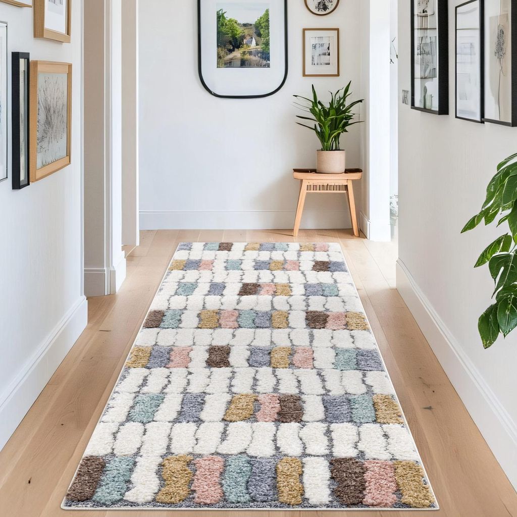 Teppich-Läufer Hochflor Flur - 80x300 cm - Modern Geo-Muster Multi - Hochtief-Muster/ 3D-Effekt