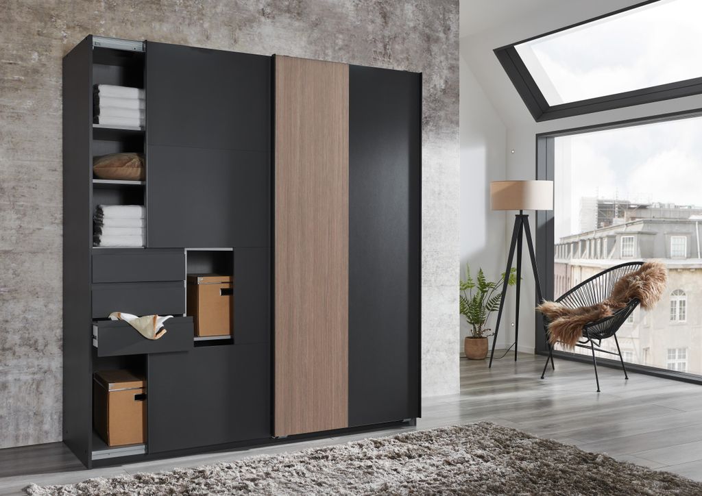 Kleiderschrank Coburg in Grafit mit Multiplex- Optik ca. 180 x 198 x 65 cm (BxHxT) – Schwebetürenschrank